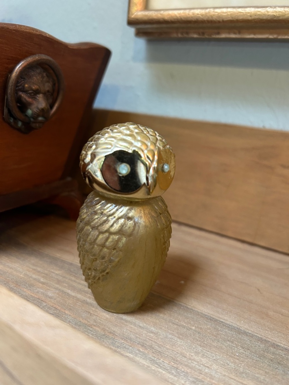 Gold Owl Avon Screw Top Bottle with Detailed Feather Texture